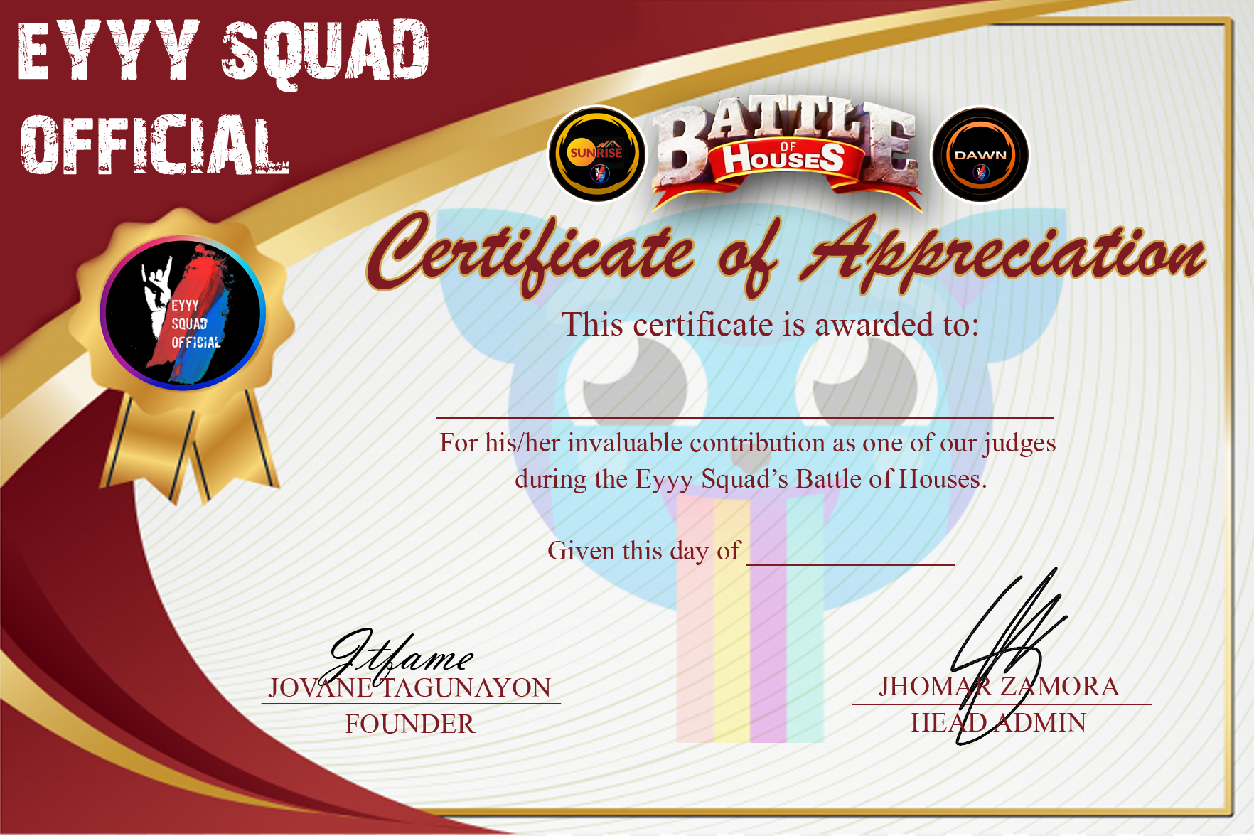 Judges certificate blank